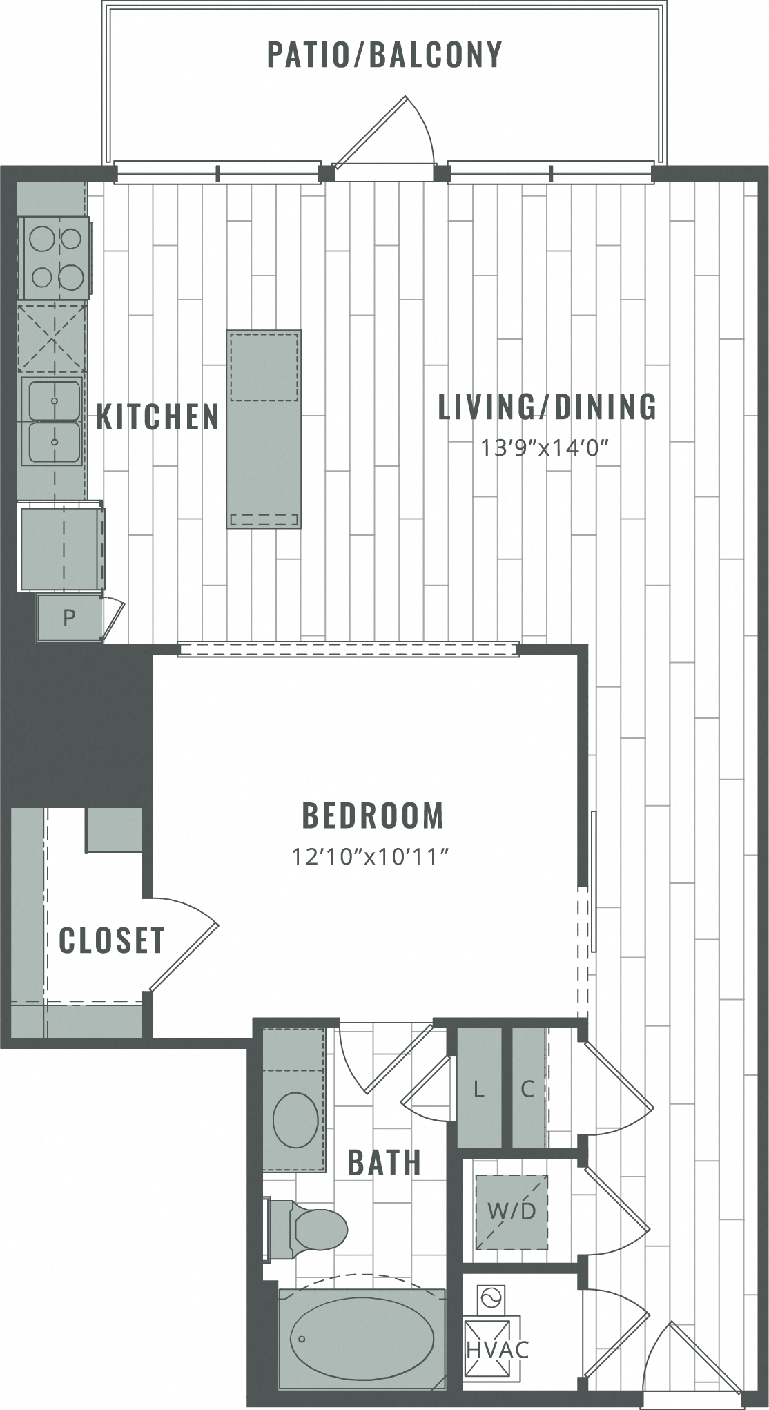 Floor plan for 1 bed, 1 bath, 790 sqft